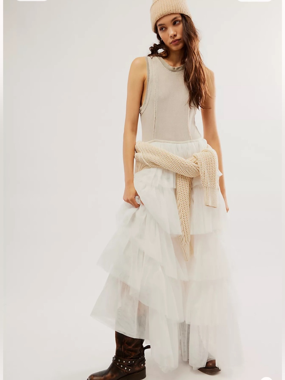 Free People Anderson Tulle Tiered Ruffles Mixed Media Ribbed Tank Maxi Dress M